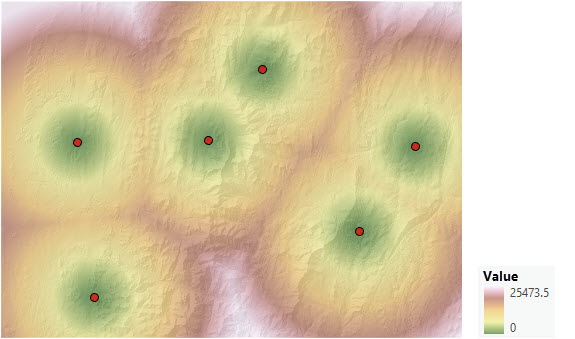 Map of straight-line distance from six points Map of straight-line distance from six points